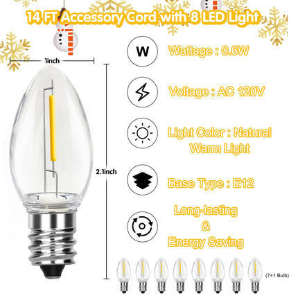 Abeja White Accessory Cord with 7 LED C7 String Light Bulbs, 14FT Plug in Christmas Village Lights Connectable C7 Bulb Clip Lights for Craft Village Halloween Christmas House Decoration