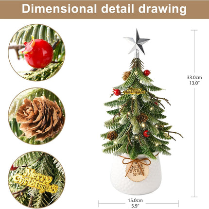 Mini Tabletop Christmas Tree, 14 Inch Artificial Small Xmas Tree with Red Berry, Pine Cone, Fake Greenery for Table Top Office Desk Classroom Room Holiday Christmas Decor(Silver Star)