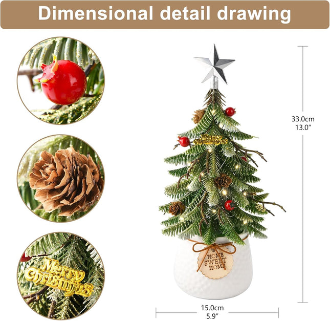 Mini Tabletop Christmas Tree, 14 Inch Artificial Small Xmas Tree with Red Berry, Pine Cone, Fake Greenery for Table Top Office Desk Classroom Room Holiday Christmas Decor(Silver Star)