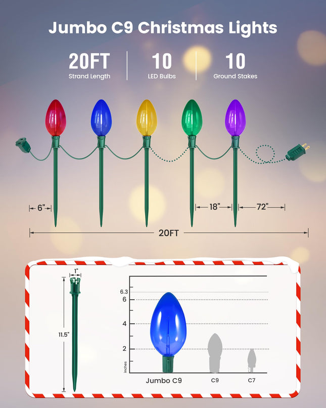 SURAIELEC Jumbo C9 Christmas Lights, 20FT C9 Christmas Pathway Lights Outdoor, 10 Multi Color Giant LED Bulbs, 10 Ground Stakes, Walkway Lights for Holiday Yard Lawn Garden Decorations, UL Listed
