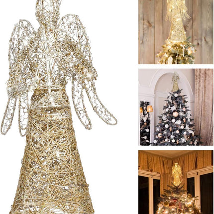 PRETYZOOM Lighted Glittered Christmas Angel Tree Topper Hollow Wire Angel Treetop Xmas Tree Topper for Christmas Ornaments and Holiday Seasonal Decor