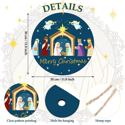 Nativity Scene Wooden Door Decor Merry Christmas Wreath Sign Holy Nativity Wreath Religious Nativity Door Decoration Christmas Farmhouse Wall Hanging Decorations with Rope for Home