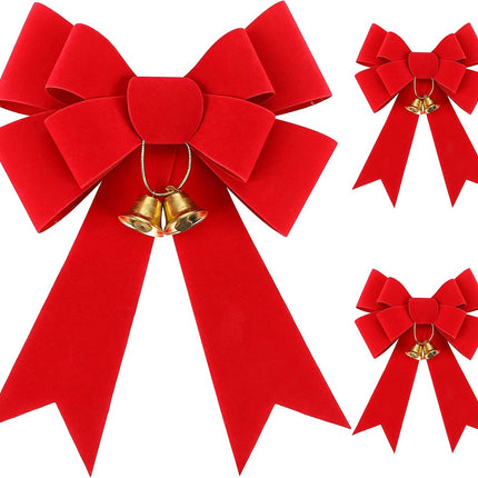 MCPINKY Christmas Bows Decor, 9 X 12 Inches Christmas Red Velvet Bows 3PCS Christmas Tree Crafts with Jingle Bells and Ribbon for Christmas Wreath Box Holiday Christmas Day Decorations