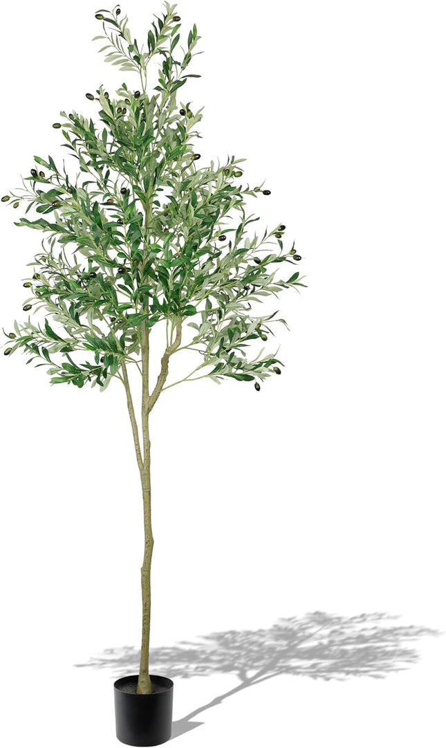 KOL 7FT Artificial Olive Tree, Faux Fake Tall Plant for Office Home Living Room Indoor Outdoor Decor, Realistic Olive Silk Tree with Lifelike Leaves and 84 Olive Fruits, 82.7in Floor Decoration