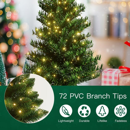 2FT Mini Christmas Tree with 72 Branch Tips, Prelit Tabletop Christmas Tree with 50 LED Lights, Small Artificial Christmas Tree for Best Holiday Home Decorations