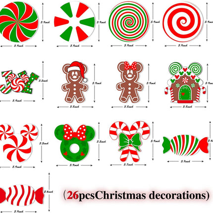 26Pcs Christmas Tree Decorations,Christmas Lollipop Candy Cane Ornaments Paper Cards Hanging Mick-ey Mouse Gingerbread Christmas Decor for Peppermint Christmas Tree Decorations