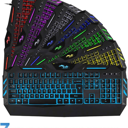 7 Colors LED Backlit Gaming Keyboard, Mechanical Feeling and Waterproof, Illuminated USB Wired Keyboard for Pro PC Gamer or Office