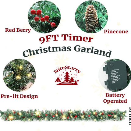 9 FT Prelit Christmas Garland with Lights, Battery Operated Lighted Garland with Pine Cones Red Berries, Christmas Decor Mantle Fireplace Indoor Outdoor Winter Decoration