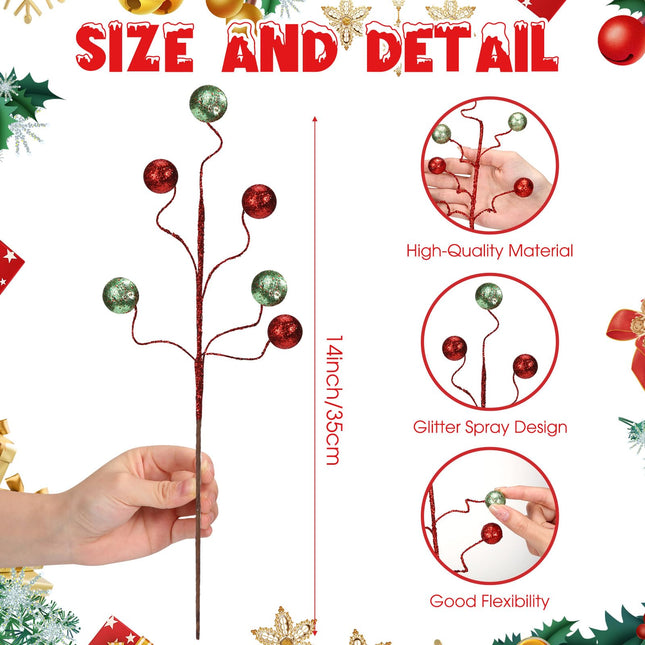 Hiboom 30 Pcs Christmas Glitter Ball Picks 14 Inch Artificial Curly Spray Ball Sticks Decorative Stem Picks for Holiday Wedding Vase Fillers Xmas Tree Topper DIY Wreath Crafts Decor (Red and Green)