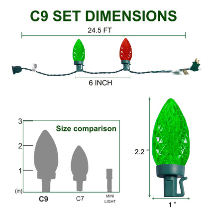 C9 Christmas Lights, 50 LEDs 24.5 FT Faceted String Lights Connectable Commercial Grade Indoor Outdoor, 120V UL Xmas Strawberry Tree Light Strand for Garden Patio Parties, Multicolor