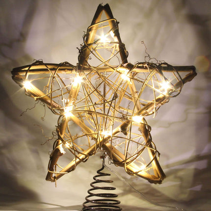Christmas Tree Topper Farmhouse Christmas Decor Christmas Tree Decorations Rattan Natural Christmas Tree Star with 10 Warm LED Lights for Rustic Christmas Ornaments Holiday Seasonal Decoration 10 Inch