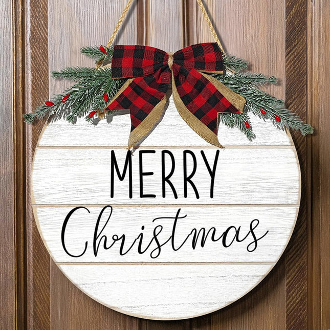 Christmas Door Sign: Rustic White Merry Christmas Wreaths for Front Door Wall Porch Home, 12" Farmhouse Classic Elegant Hanging Christmas Door Decor, Vintage Christmas Door Decorations