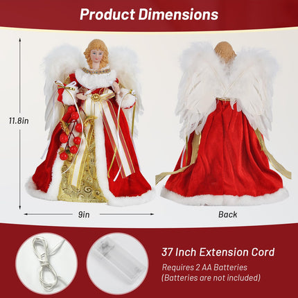 Angel Tree Topper with Lights Red Christmas Tree Topper Angel 11.8 Inch Lighted Angel Tree Topper Battery Operated Small Angel Christmas Tree Topper Christmas Angel Decorations