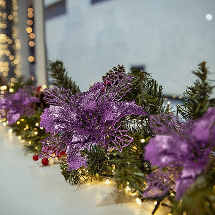 RECUTMS 10 Packs Christmas Glitter Poinsettia Flowers Artificial Christmas Flowers Decorations Wedding Xmas Tree Year Ornaments Xmas Garland Wreath DIY Decorations Supplies(Light Purple)