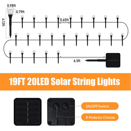 19FT Solar Powered Lights for Outside 20 LED Small Globe Bulbs Walkway Ground Lights 8 Modes IP44 Waterproof for Garden Decor Solar Lights Outdoor for Path Patio Landscape Lawn Yard Christmas Decor