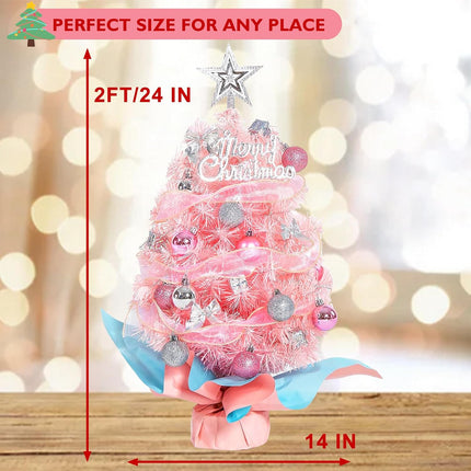 Small Mini Pink Christmas Tree with Light, 24 Inch/2Ft Tabletop Miniature Christmas Tree with Hanging Ornaments, Battery Operated Artificial Xmas Tree for Desk Christmas Home Party Decor