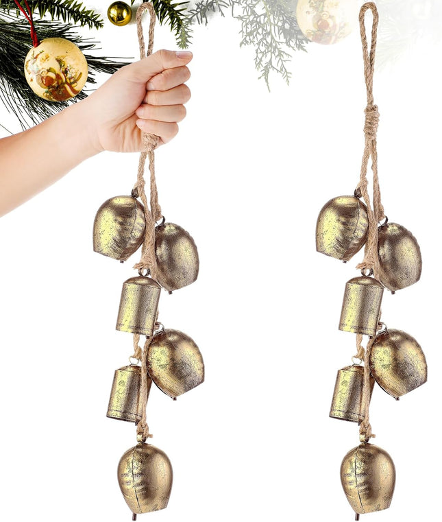 Syhood 2 Sets Giant Christmas Bells Rustic Decorative Hanging Bells Large Lucky Vintage Iron Wrought Cow Bells on Rope Xmas Home Decor s Outdoor Harmony Bells, 23.6" Length(Golden Bells, Classic)