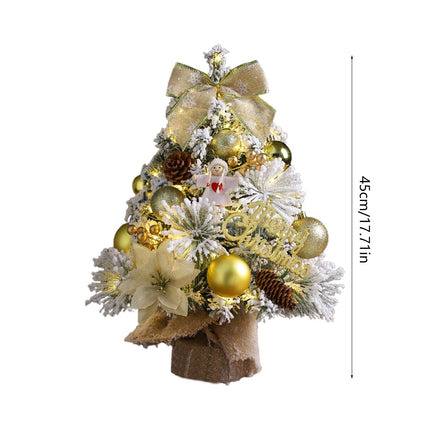 18 inch Gold Snow Flocked Tabletop Christmas Tree Glowing Mini Artificial Christmas Trees with Angel Christmas Balls Ornaments Bow Berries Pine Cones DIY Xmas Tree Winter Table Centerpieces