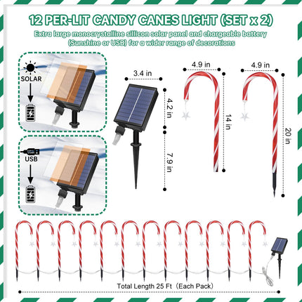 Christmas Solar Candy Cane Pathway Lights Decorations Outdoor Yard 24 Pcs Candy Canes Lights for Christmas Lawn Decorations Outdoor, 8 Modes & Timer with Stake Waterproof Lights for Lawn Front Yard