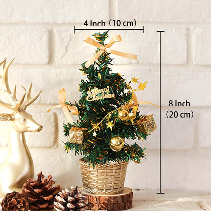 Mini Christmas Tree 8 Inch Gold Table Top Christmas Trees Artificial Tiny Miniature Xmas Tree with Snow Bow Snowflake Green Fake Trees for Indoor Tabletop Desktop Bedroom Decorations C00157