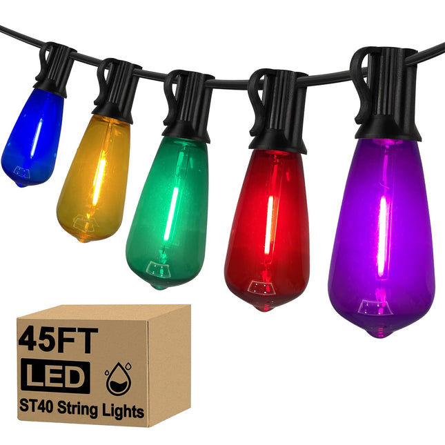 45Ft Multicolor Outdoor String Lights, ST40 Vintage Patio Lights with 32 LED Dimmable Edison Bulb (2 Spare), Christmas Colorful String Lights for Outdoor Patio Bistro Gazebo Pergola Backyard