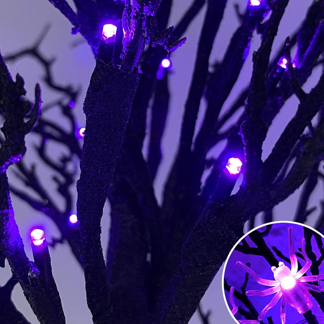 [ Timer ] TURNMEON 2FT/24'' Prelit Halloween Black Tree Decor with 25 Spiders & 24 Purple Lights Battery Operated Artificial Halloween Spooky Tree Halloween Indoor Tabletop Home Holiday Decorations