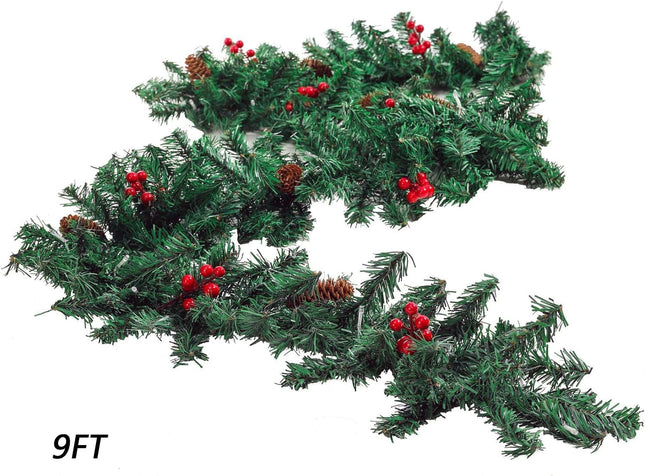 Pre-lit 9 ft Christmas Garland with Red Berries and Pine Cones, 50 Waterproof LED Lights (1)