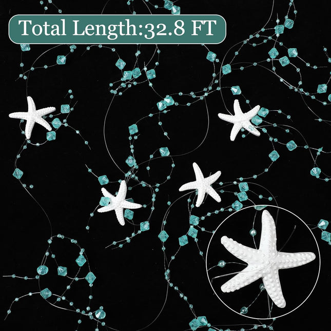 Wenqik Christmas 32.8 ft Ocean Themed Garland Starfish Shell Garland Coastal Christmas Decorations Beach Garland Starfish Seashell Garland for Christmas Tree Fireplace Wedding Party Supply (Teal)