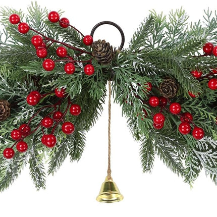 SHACOS 26 inch Artificial Christmas Swags Frosted Flocked Cedar Swag with Pine Cones Red Berries and Bells Xmas Mailbox Swag Front Door Windows Wall Swag Mantel Table Holiday Decor Indoor Outdoor