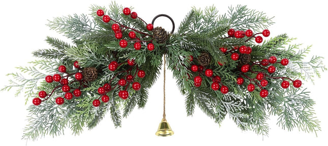 SHACOS 26 inch Artificial Christmas Swags Frosted Flocked Cedar Swag with Pine Cones Red Berries and Bells Xmas Mailbox Swag Front Door Windows Wall Swag Mantel Table Holiday Decor Indoor Outdoor