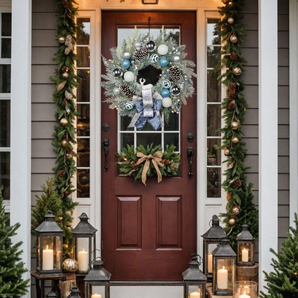 24" Christmas Wreath for Front Door Artificial Unlit Winter Wreath with Pine Cones, Berry Clusters, Blue Ball Ornaments and Ribbon for Thanksgiving Holiday Christmas Decoration