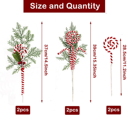 Pack of 6 Candy Cane Christmas Decorations Red White Woolen Candy and Lollipop Curly Picks Candy Ornaments for Xmas Tree Topper Wreath Vase Filler Home Office Party Decor (Red White)