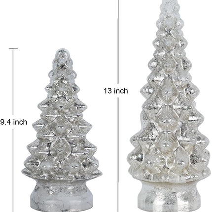 PHITRIC Christmas Decorations Indoor, 2 PCS Sparkling Glass Christmas Tree Table Decorations with LED Lights, Lighted Xmas Tree Decorations with Timer for Home Mantel Shelf Table Decor