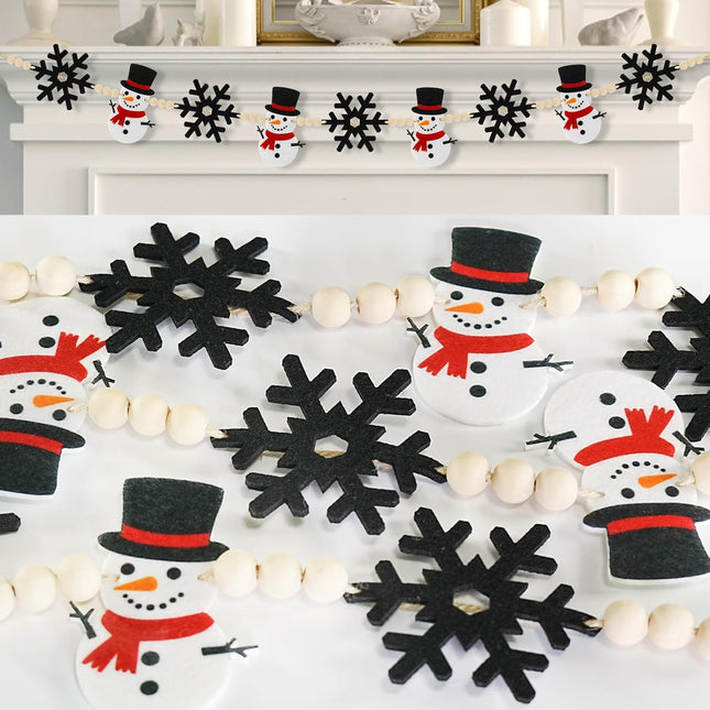 6Ft Christmas Winter Garland - Winter Snowman & Black Snowflake Felt with Wood Beads - Festive Holiday Decor for Mantle, Wall, Tree - Perfect for Indoor Christmas Decorations & Celebrations