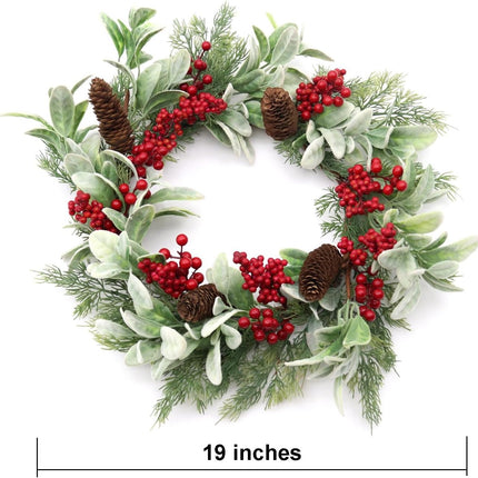 19 inch Artificial Christmas Wreath for Front Door Winter Holiday Wreath with Flocked Lambs Ear, Red Berry Clusters, Pine Needle Branches, Pinecones for Indoor Outdoor Home Wall Window Xmas Decor