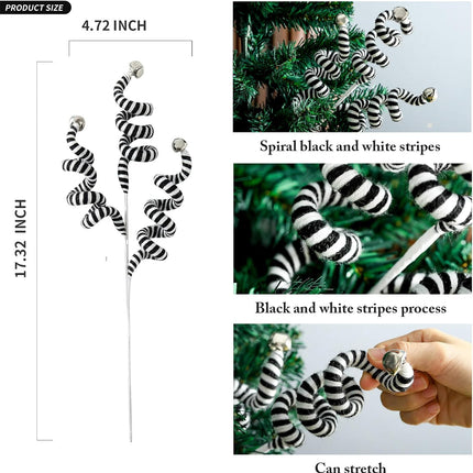4PC Set Black/White Christmas Tree Picks Christmas Tree Decoration Woolen Bells Curly Pick, Christmas Tree Decorations Halloween Decoration Home Office Paty Ornaments