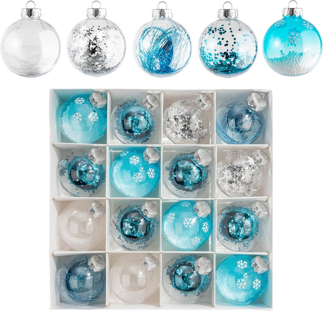 16PCS Light Blue Christmas Balls Ornaments, 3.15'' Shatterproof Clear Christmas Balls with Filler, Christmas Decorative Hanging Ornaments Set for Xmas Tree/Party/Holiday (Light Blue)