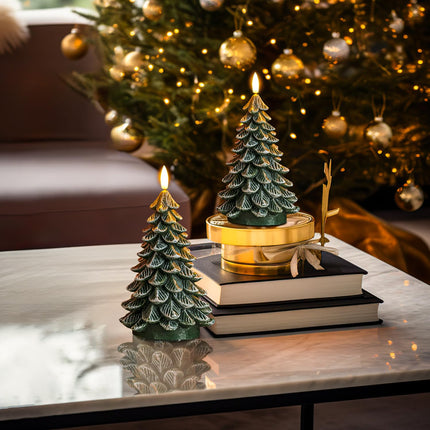 Homemory Christmas Tree Candles with 6 Hours Timer, 2 Pcs Waxy LED Flameless Candles Flickering, Green Electric Candles Battery Operated for Year Celebration Holiday Decorations 8.5 Inches