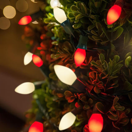 25Ft Red and White Christmas Lights,C7 Christmas String Lights with 27 Red White Ceramic Bulbs(2 Spare), Vintage Incandescent Christmas Lights for Outdoor Holiday Xmas Roofline Wedding Party