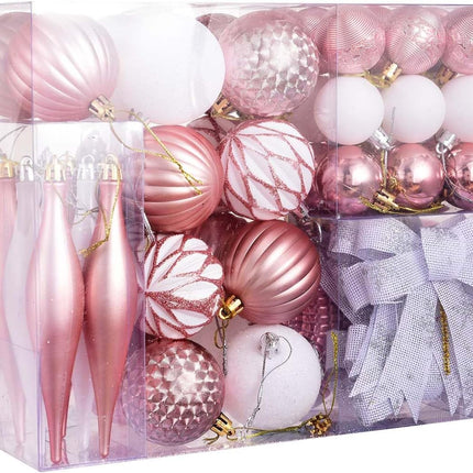 Christmas Hanging Balls Set of 63 Pcs, Pink Christmas Decorations Balls Snowflake with Shining String, for Christmas Tree Ornaments, Xmas Holiday Party, Shatterproof