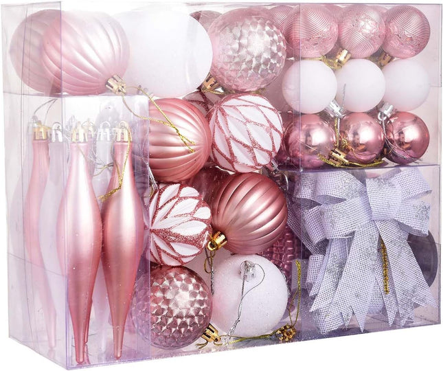 Christmas Hanging Balls Set of 63 Pcs, Pink Christmas Decorations Balls Snowflake with Shining String, for Christmas Tree Ornaments, Xmas Holiday Party, Shatterproof