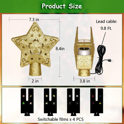 Christmas Tree Topper Lighted with 4 Projected Patterns, Christmas Tree Topper Star Projector Build-in LED Rotating Lights, 3D Glitter Gold Star for Xmas Party Holiday Decoration (Star)