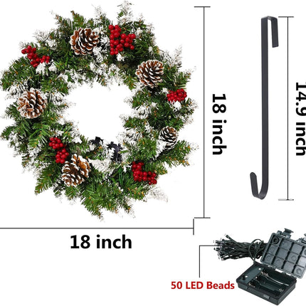 Christmas Wreath for Front Door, 18inch Pre-lit Artificial Xmas Wreath with Hook, 50 LED Lights&Timer for Door Window Wall Stairs Outdoor Decorations