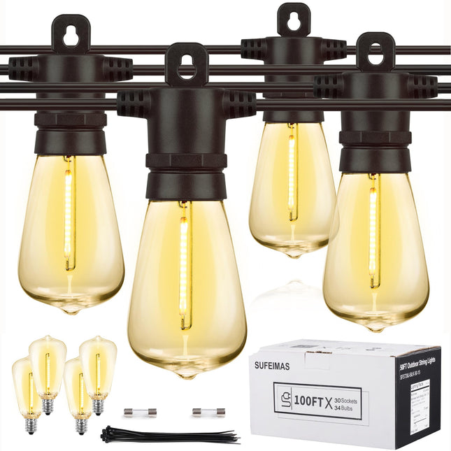 SUFEIMAS LED Outdoor String Lights Waterproof - 100FT(50FT2) Patio Lights with 34 Vintage Shatterproof Plastic Bulbs - IP65 Edison String Lights for Outside Backyard Balcony Bistro Cafe Garden