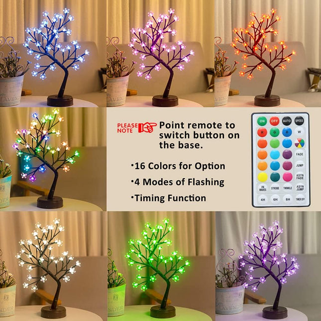 Pooqla RGB Cherry Blossom Tree Light with Remote 16 Color-Changing LED Artificial Flower Bonsai Tree, Pink Table Top Lamp Home Lit Tree Valentine's Day Centerpieces Decoration 36 LED, Brown Branch