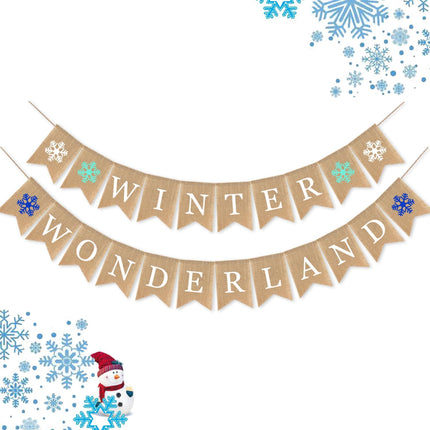 Winter Wonderland Banner Burlap Snowflake Christmas Sign Home Decoration Holiday Mantel Fireplace Bunting Garland Decoration Festival Flags Family Gardens Indoor Outdoor Banner (Winter Wonderland)