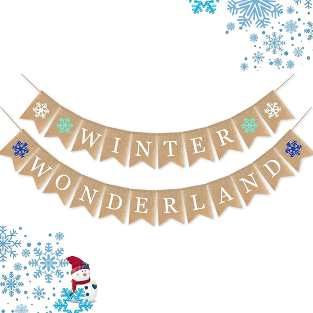 Winter Wonderland Banner Burlap Snowflake Christmas Sign Home Decoration Holiday Mantel Fireplace Bunting Garland Decoration Festival Flags Family Gardens Indoor Outdoor Banner (Winter Wonderland)