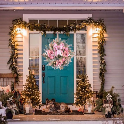 22inch Christmas Pink Wreath for Front Door with 30 LED Lights,Elegant Pink Magnolia Christmas Door Wreath,Festive Holiday Decor, Frosted Winter Wreath,Pink Decorations for Christmas and Wedding
