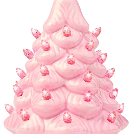 Joiedomi 7" Pink Ceramic Christmas Tree, Prelit Tabletop Christmas Tree with Extra Clear Top Star & Bulbs for Best Desk Decoration