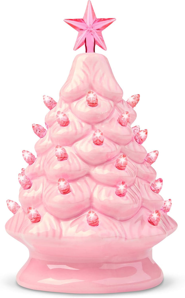 Joiedomi 7" Pink Ceramic Christmas Tree, Prelit Tabletop Christmas Tree with Extra Clear Top Star & Bulbs for Best Desk Decoration